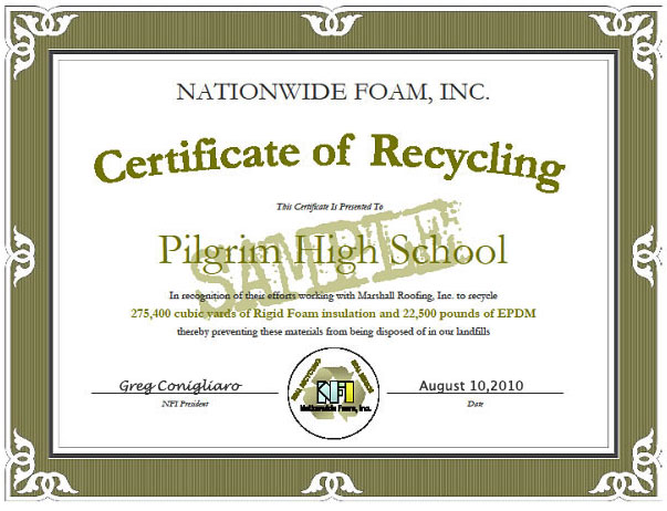 Example Certificate of Recycling